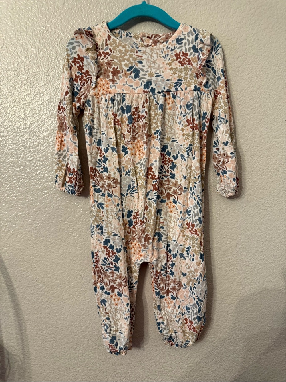 Angel Dear Cream Floral Long-Sleeve Sleep Romper with Blue and Brown Accents